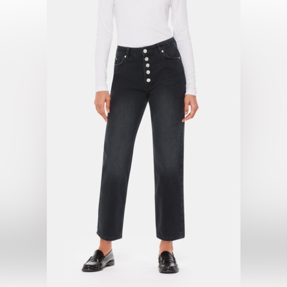 Black button front  straight leg jeans with top stitching - Picture 1 of 10